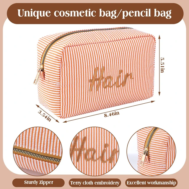 Alt view image 2 of 7 - 4 Pcs Large Seersucker Cosmetic Bag for Women Preppy Makeup Bag | Embroidered Letters Striped, Seersucker Toiletry Pouch for Cosmetics Brushes Skincare, Aesthetic Preppy Women Travel