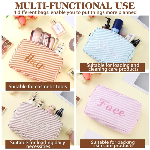 Alt view image 3 of 7 - 4 Pcs Large Seersucker Cosmetic Bag for Women Preppy Makeup Bag | Embroidered Letters Striped, Seersucker Toiletry Pouch for Cosmetics Brushes Skincare, Aesthetic Preppy Women Travel