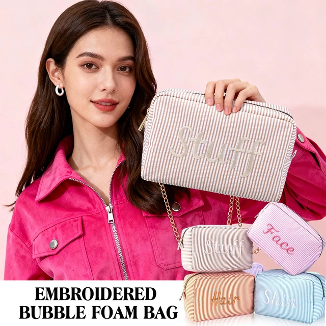 Alt view image 4 of 7 - 4 Pcs Large Seersucker Cosmetic Bag for Women Preppy Makeup Bag | Embroidered Letters Striped, Seersucker Toiletry Pouch for Cosmetics Brushes Skincare, Aesthetic Preppy Women Travel