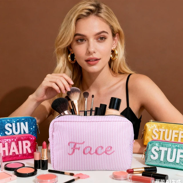 Alt view image 5 of 7 - 4 Pcs Large Seersucker Cosmetic Bag for Women Preppy Makeup Bag | Embroidered Letters Striped, Seersucker Toiletry Pouch for Cosmetics Brushes Skincare, Aesthetic Preppy Women Travel
