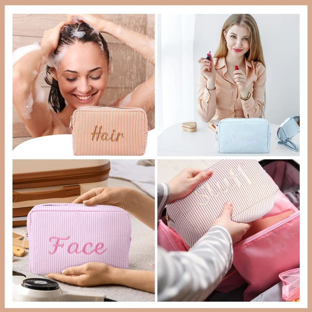 Alt view image 6 of 7 - 4 Pcs Large Seersucker Cosmetic Bag for Women Preppy Makeup Bag | Embroidered Letters Striped, Seersucker Toiletry Pouch for Cosmetics Brushes Skincare, Aesthetic Preppy Women Travel