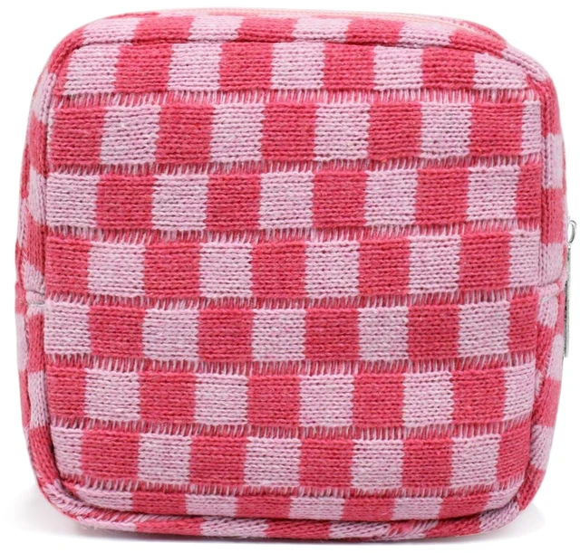 Main image of Small Pink Makeup Bag for Purse, Mini Checkered Cosmetic Bag Zipper Cute Make Up Pouch Travel Toiletry Case Quilted Aesthetic Accessories Makeup Storage Bag Organizer for Women Girls