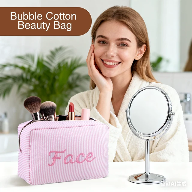 Alt view image 7 of 7 - 4 Pcs Large Seersucker Cosmetic Bag for Women Preppy Makeup Bag | Embroidered Letters Striped, Seersucker Toiletry Pouch for Cosmetics Brushes Skincare, Aesthetic Preppy Women Travel