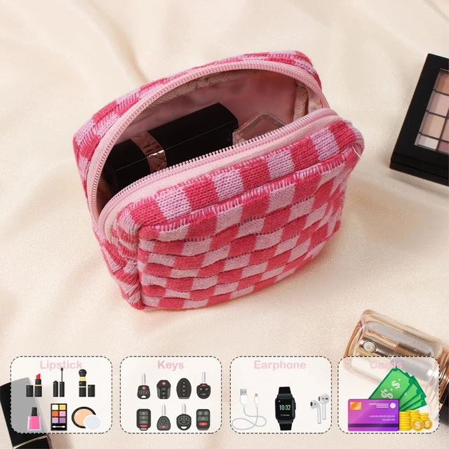Alt view image 3 of 7 - Small Pink Makeup Bag for Purse, Mini Checkered Cosmetic Bag Zipper Cute Make Up Pouch Travel Toiletry Case Quilted Aesthetic Accessories Makeup Storage Bag Organizer for Women Girls