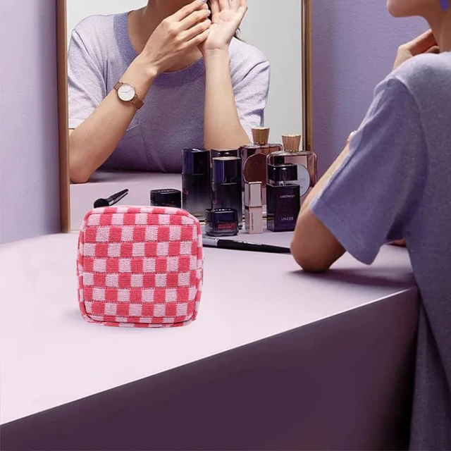 Alt view image 5 of 7 - Small Pink Makeup Bag for Purse, Mini Checkered Cosmetic Bag Zipper Cute Make Up Pouch Travel Toiletry Case Quilted Aesthetic Accessories Makeup Storage Bag Organizer for Women Girls