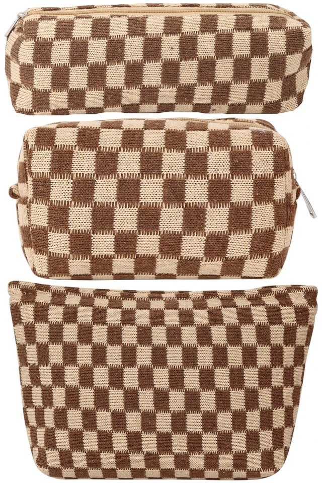 Main image of Large Capacity Makeup Bag Set - 3 Pieces Checkered Cosmetic Bag for Women Travel Makeup Bag Organizer Cute Makeup Brushes Storage Bag Travel Toiletry Bag Storage Bag for Women,Brown