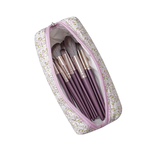 Alt view image 2 of 7 - Cute Floral Cotton Makeup Brush Cosmetic Bag for Women, Travel Quilted Zipper Make Up Bag, Flowers Toiletry Organizer Case Kawaii Makeup Cosmetic Travel Cloth Pouch (Pink Floral)