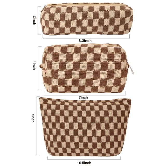 Alt view image 2 of 7 - Large Capacity Makeup Bag Set - 3 Pieces Checkered Cosmetic Bag for Women Travel Makeup Bag Organizer Cute Makeup Brushes Storage Bag Travel Toiletry Bag Storage Bag for Women,Brown