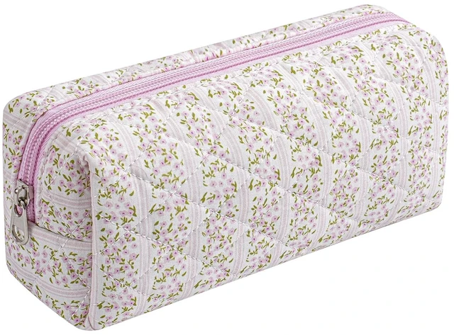 Main image of Cute Floral Cotton Makeup Brush Cosmetic Bag for Women, Travel Quilted Zipper Make Up Bag, Flowers Toiletry Organizer Case Kawaii Makeup Cosmetic Travel Cloth Pouch (Pink Floral)