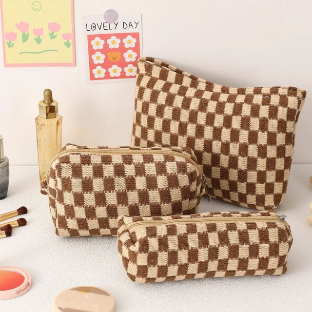 Alt view image 3 of 7 - Large Capacity Makeup Bag Set - 3 Pieces Checkered Cosmetic Bag for Women Travel Makeup Bag Organizer Cute Makeup Brushes Storage Bag Travel Toiletry Bag Storage Bag for Women,Brown