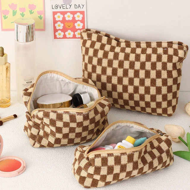 Alt view image 4 of 7 - Large Capacity Makeup Bag Set - 3 Pieces Checkered Cosmetic Bag for Women Travel Makeup Bag Organizer Cute Makeup Brushes Storage Bag Travel Toiletry Bag Storage Bag for Women,Brown
