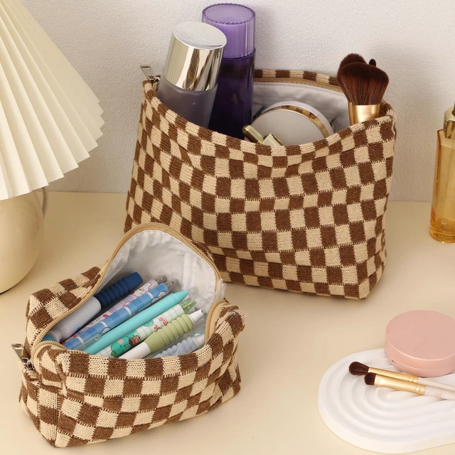 Alt view image 5 of 7 - Large Capacity Makeup Bag Set - 3 Pieces Checkered Cosmetic Bag for Women Travel Makeup Bag Organizer Cute Makeup Brushes Storage Bag Travel Toiletry Bag Storage Bag for Women,Brown