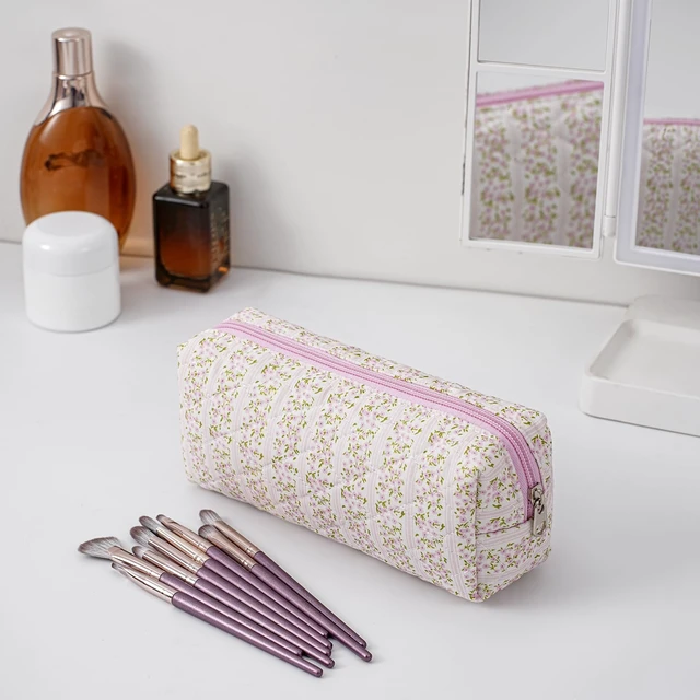 Alt view image 3 of 7 - Cute Floral Cotton Makeup Brush Cosmetic Bag for Women, Travel Quilted Zipper Make Up Bag, Flowers Toiletry Organizer Case Kawaii Makeup Cosmetic Travel Cloth Pouch (Pink Floral)