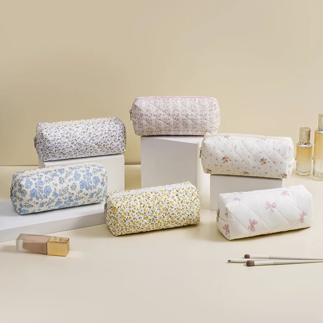 Alt view image 5 of 7 - Cute Floral Cotton Makeup Brush Cosmetic Bag for Women, Travel Quilted Zipper Make Up Bag, Flowers Toiletry Organizer Case Kawaii Makeup Cosmetic Travel Cloth Pouch (Pink Floral)