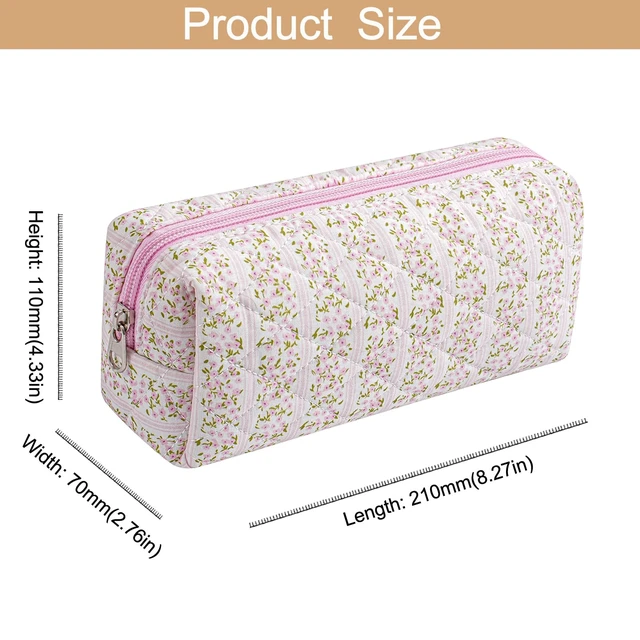 Alt view image 4 of 7 - Cute Floral Cotton Makeup Brush Cosmetic Bag for Women, Travel Quilted Zipper Make Up Bag, Flowers Toiletry Organizer Case Kawaii Makeup Cosmetic Travel Cloth Pouch (Pink Floral)