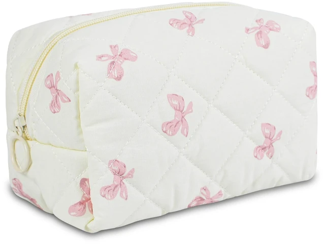 Main image of Quilted Makeup Pouch,Cotton Puffy Makeup Bag, Coquette Cosmetic Bag for Women and Girls, Aesthetic Organizer Bag, Cute Flower Travel Toiletry Bag