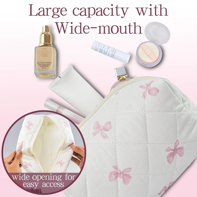 Alt view image 2 of 7 - Quilted Makeup Pouch,Cotton Puffy Makeup Bag, Coquette Cosmetic Bag for Women and Girls, Aesthetic Organizer Bag, Cute Flower Travel Toiletry Bag