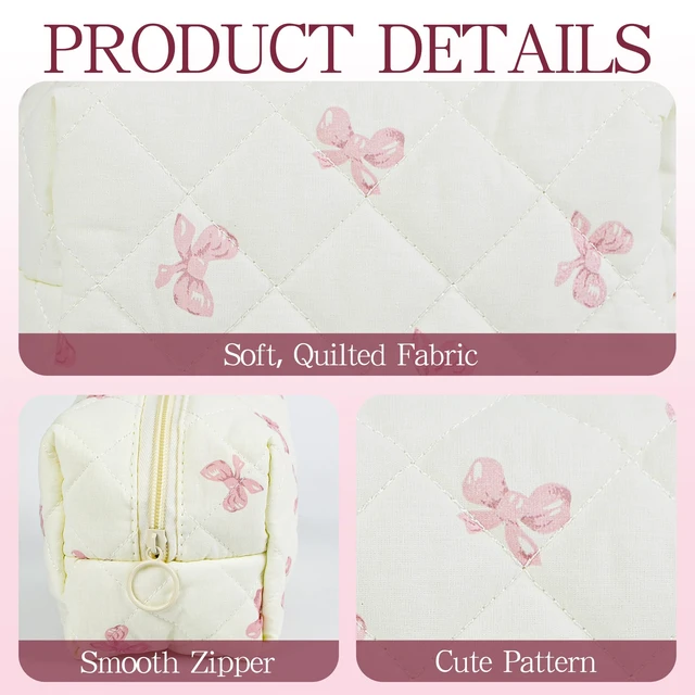 Alt view image 3 of 7 - Quilted Makeup Pouch,Cotton Puffy Makeup Bag, Coquette Cosmetic Bag for Women and Girls, Aesthetic Organizer Bag, Cute Flower Travel Toiletry Bag