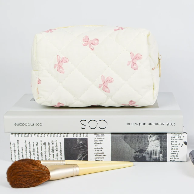 Alt view image 7 of 7 - Quilted Makeup Pouch,Cotton Puffy Makeup Bag, Coquette Cosmetic Bag for Women and Girls, Aesthetic Organizer Bag, Cute Flower Travel Toiletry Bag