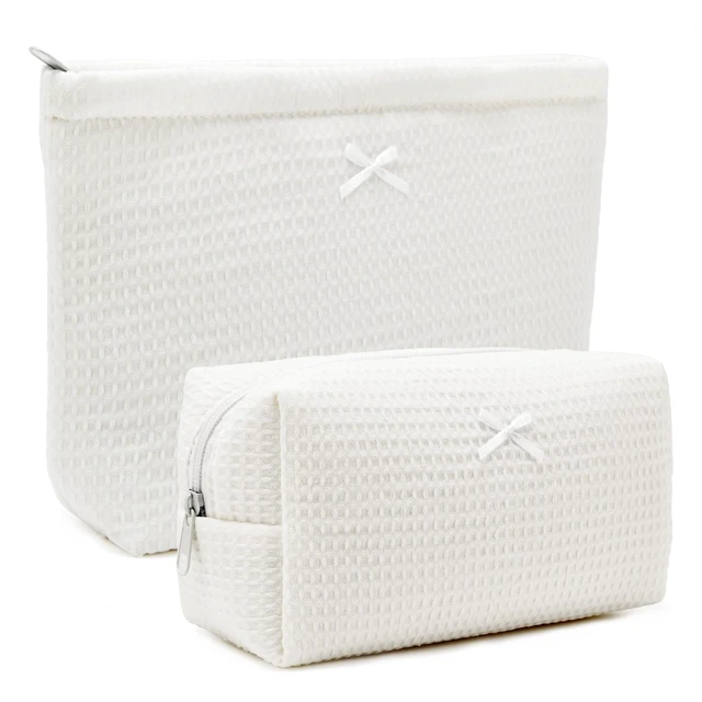 Main image of 2Pcs Waffle Makeup Bag Toiletry Bag Set Makeup Pouch White | Cosmetic Organizer for Makeup Cute Bow Makeup Pouch Skincare Toiletries Daily Beauty Essentials Purse Bridesmaid Gifts