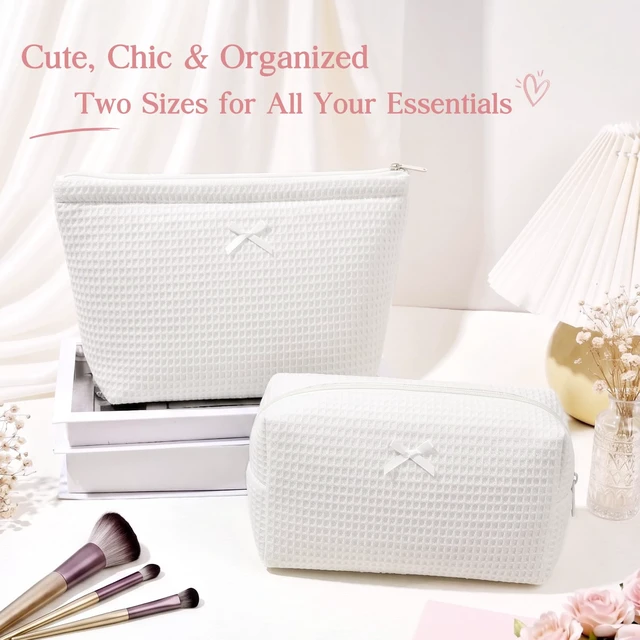 Alt view image 2 of 7 - 2Pcs Waffle Makeup Bag Toiletry Bag Set Makeup Pouch White | Cosmetic Organizer for Makeup Cute Bow Makeup Pouch Skincare Toiletries Daily Beauty Essentials Purse Bridesmaid Gifts