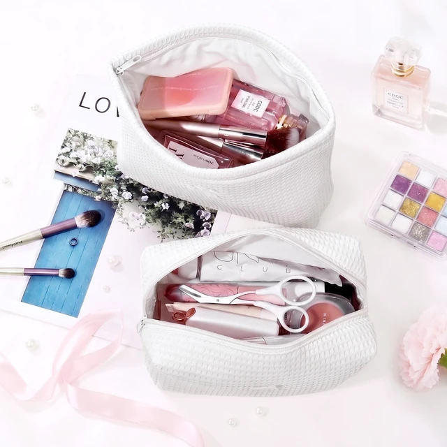 Alt view image 3 of 7 - 2Pcs Waffle Makeup Bag Toiletry Bag Set Makeup Pouch White | Cosmetic Organizer for Makeup Cute Bow Makeup Pouch Skincare Toiletries Daily Beauty Essentials Purse Bridesmaid Gifts