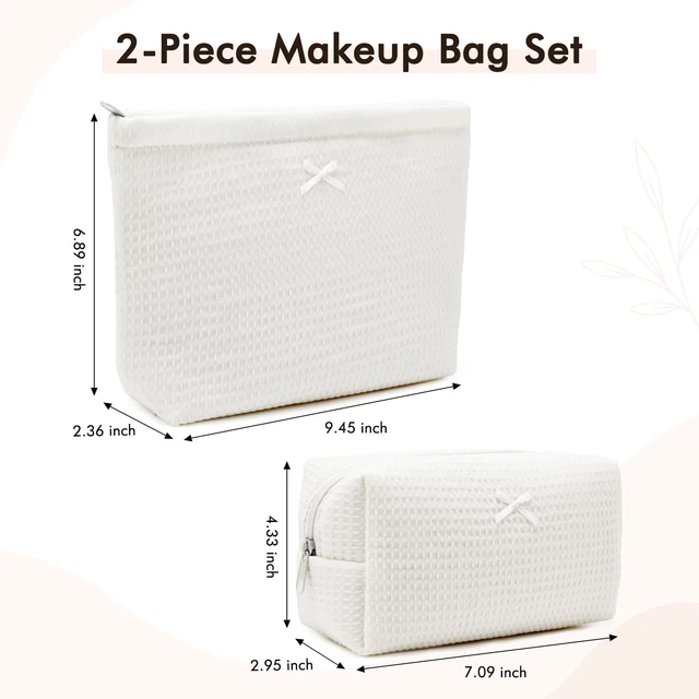 Alt view image 4 of 7 - 2Pcs Waffle Makeup Bag Toiletry Bag Set Makeup Pouch White | Cosmetic Organizer for Makeup Cute Bow Makeup Pouch Skincare Toiletries Daily Beauty Essentials Purse Bridesmaid Gifts