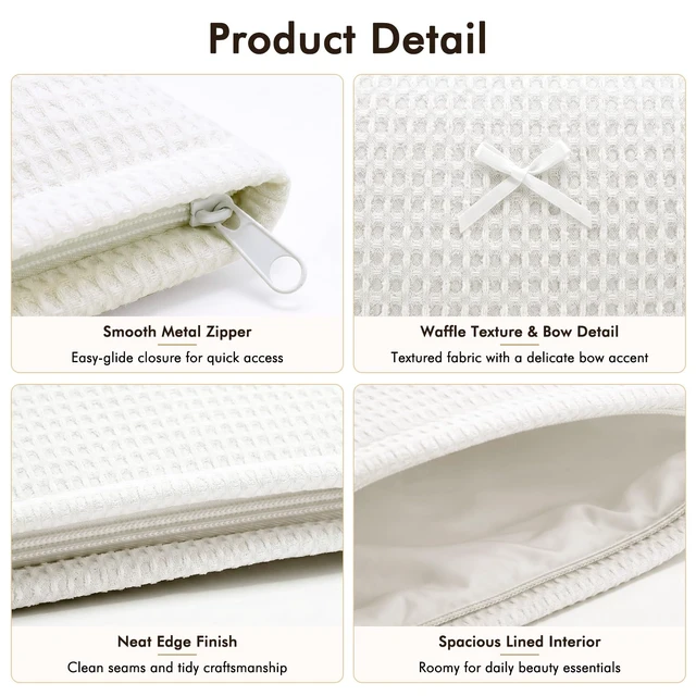 Alt view image 6 of 7 - 2Pcs Waffle Makeup Bag Toiletry Bag Set Makeup Pouch White | Cosmetic Organizer for Makeup Cute Bow Makeup Pouch Skincare Toiletries Daily Beauty Essentials Purse Bridesmaid Gifts