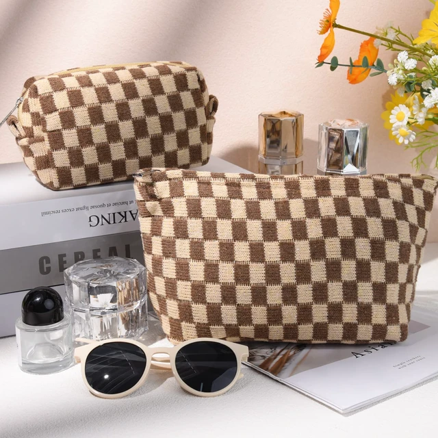 Alt view image 2 of 7 - 2 Pieces Makeup Bag Large Checkered Cosmetic Bag Capacity Canvas Mix Travel Toiletry Bag Organizer Cute Makeup Brushes Aesthetic Accessories Storage Bag for Women, Checkered Mix Brown