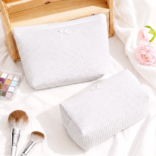 Alt view image 5 of 7 - 2Pcs Waffle Makeup Bag Toiletry Bag Set Makeup Pouch White | Cosmetic Organizer for Makeup Cute Bow Makeup Pouch Skincare Toiletries Daily Beauty Essentials Purse Bridesmaid Gifts