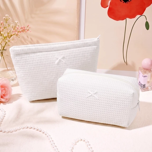 Alt view image 7 of 7 - 2Pcs Waffle Makeup Bag Toiletry Bag Set Makeup Pouch White | Cosmetic Organizer for Makeup Cute Bow Makeup Pouch Skincare Toiletries Daily Beauty Essentials Purse Bridesmaid Gifts
