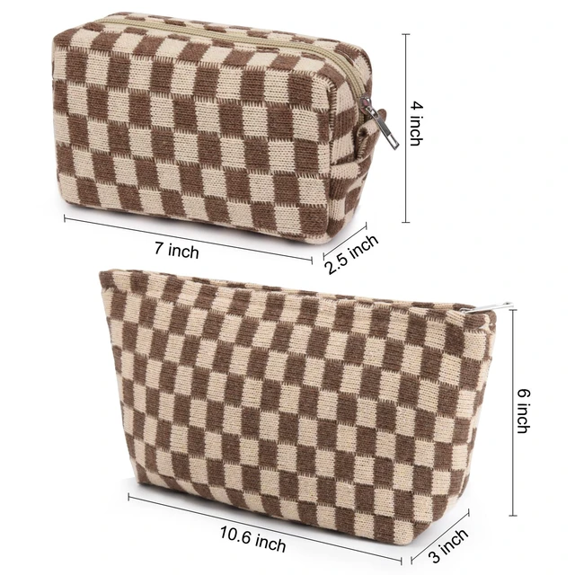 Alt view image 3 of 7 - 2 Pieces Makeup Bag Large Checkered Cosmetic Bag Capacity Canvas Mix Travel Toiletry Bag Organizer Cute Makeup Brushes Aesthetic Accessories Storage Bag for Women, Checkered Mix Brown
