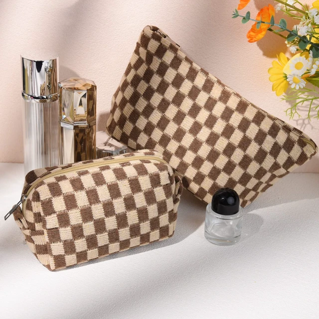 Alt view image 5 of 7 - 2 Pieces Makeup Bag Large Checkered Cosmetic Bag Capacity Canvas Mix Travel Toiletry Bag Organizer Cute Makeup Brushes Aesthetic Accessories Storage Bag for Women, Checkered Mix Brown