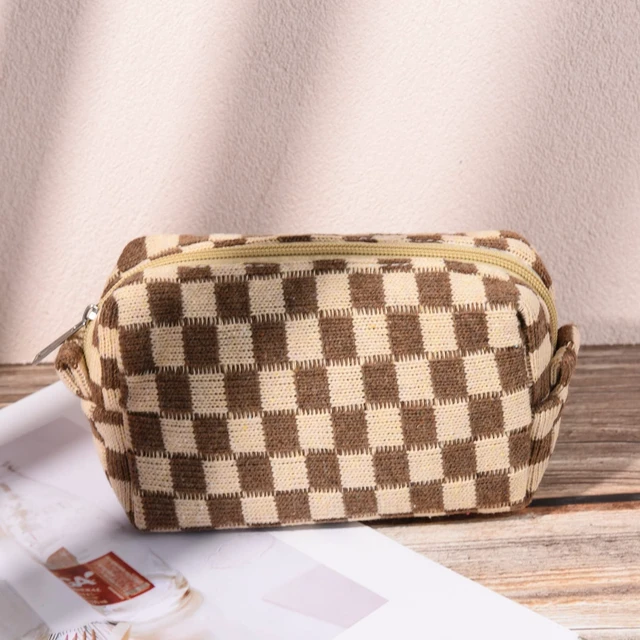 Alt view image 6 of 7 - 2 Pieces Makeup Bag Large Checkered Cosmetic Bag Capacity Canvas Mix Travel Toiletry Bag Organizer Cute Makeup Brushes Aesthetic Accessories Storage Bag for Women, Checkered Mix Brown