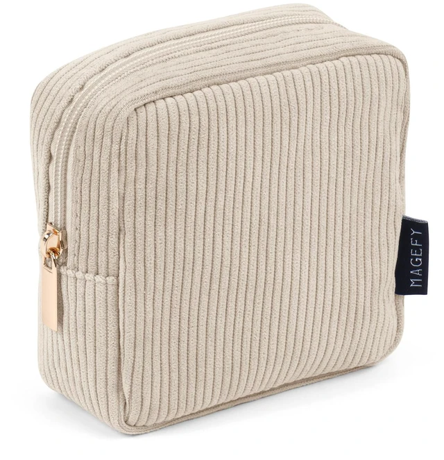 Main image of Small Makeup Bag for Purse Mini Cosmetics Bag Corduroy Cute Cosmetic Pouch for Women with Slip-in Pockets (Beige)