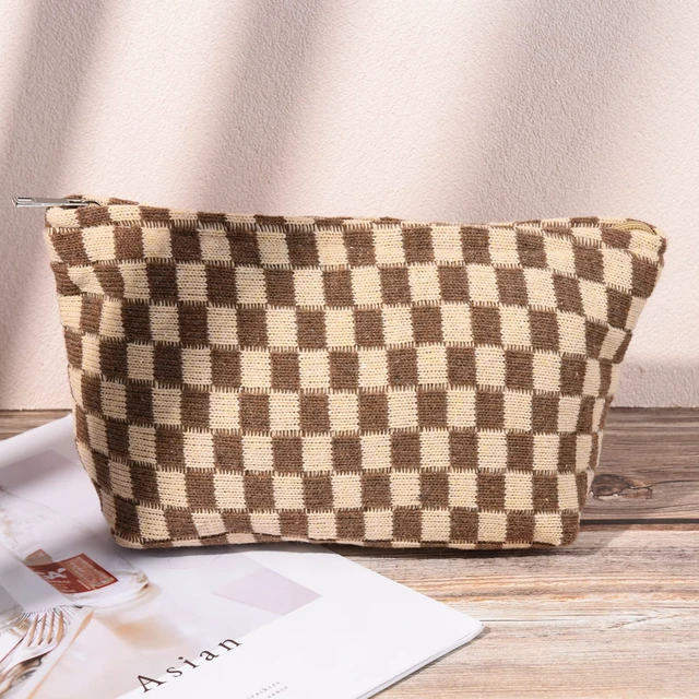 Alt view image 7 of 7 - 2 Pieces Makeup Bag Large Checkered Cosmetic Bag Capacity Canvas Mix Travel Toiletry Bag Organizer Cute Makeup Brushes Aesthetic Accessories Storage Bag for Women, Checkered Mix Brown