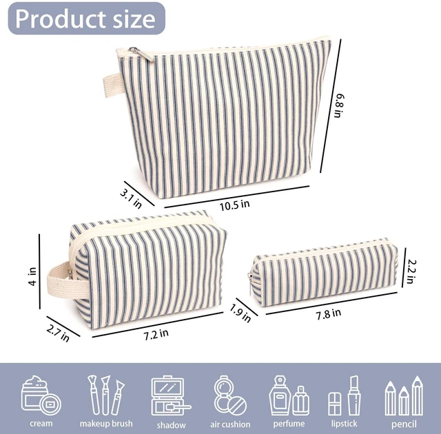 Alt view image 2 of 7 - 3 Pcs Canvas Makeup Bag Set, Travel Toiletry Bag, Blue Pinstripes | Makeup Pouch Set for Women in Three Sizes: Separate Cosmetics, Toiletries, Brushes and Pencils for Travel and Daily Use.