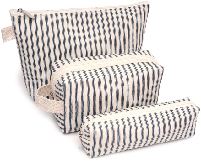 Main image of 3 Pcs Canvas Makeup Bag Set, Travel Toiletry Bag, Blue Pinstripes | Makeup Pouch Set for Women in Three Sizes: Separate Cosmetics, Toiletries, Brushes and Pencils for Travel and Daily Use.