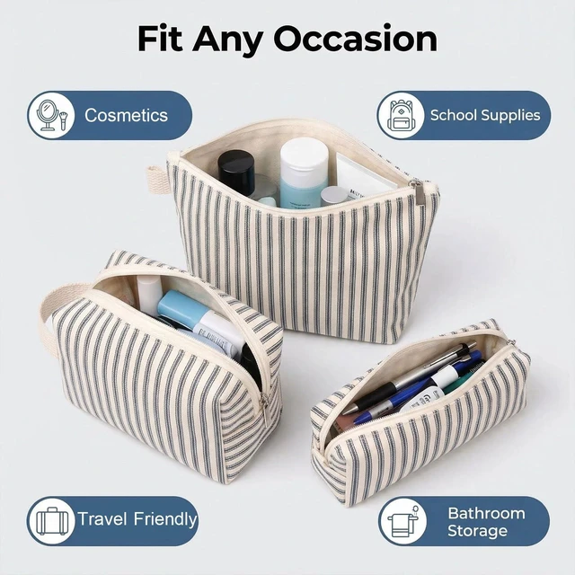Alt view image 3 of 7 - 3 Pcs Canvas Makeup Bag Set, Travel Toiletry Bag, Blue Pinstripes | Makeup Pouch Set for Women in Three Sizes: Separate Cosmetics, Toiletries, Brushes and Pencils for Travel and Daily Use.