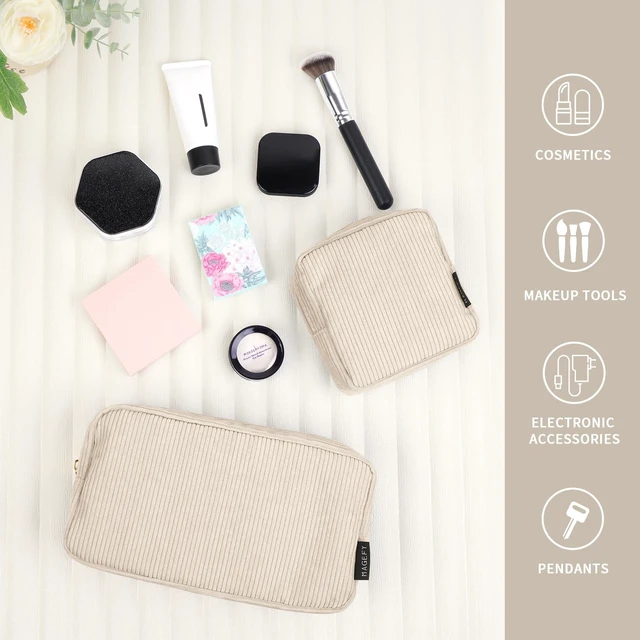 Alt view image 6 of 7 - Small Makeup Bag for Purse Mini Cosmetics Bag Corduroy Cute Cosmetic Pouch for Women with Slip-in Pockets (Beige)