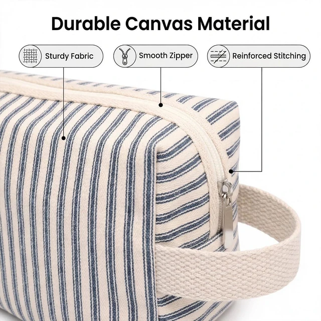 Alt view image 4 of 7 - 3 Pcs Canvas Makeup Bag Set, Travel Toiletry Bag, Blue Pinstripes | Makeup Pouch Set for Women in Three Sizes: Separate Cosmetics, Toiletries, Brushes and Pencils for Travel and Daily Use.