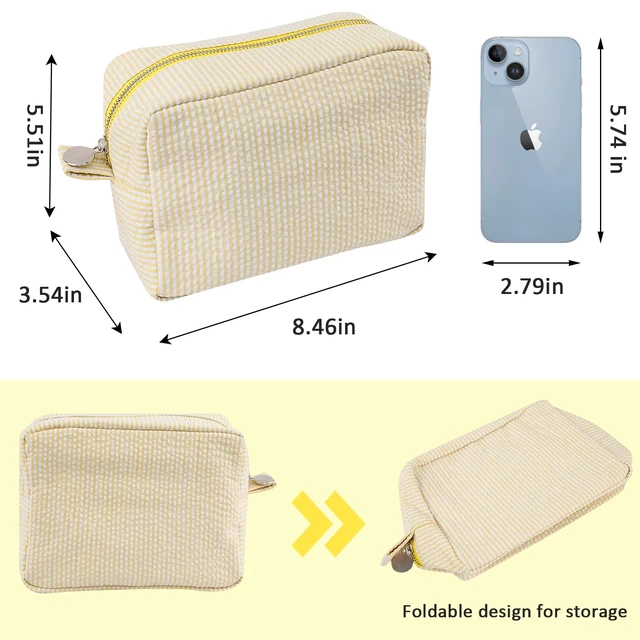 Alt view image 5 of 7 - Cosmetic Bags for Women, Seersucker Cosmetic Bag, Travel Toiletry Stripe Makeup Bag, Large Women Aesthetic Organizer Storage Pouch, Girls Handbags Purses, Yellow