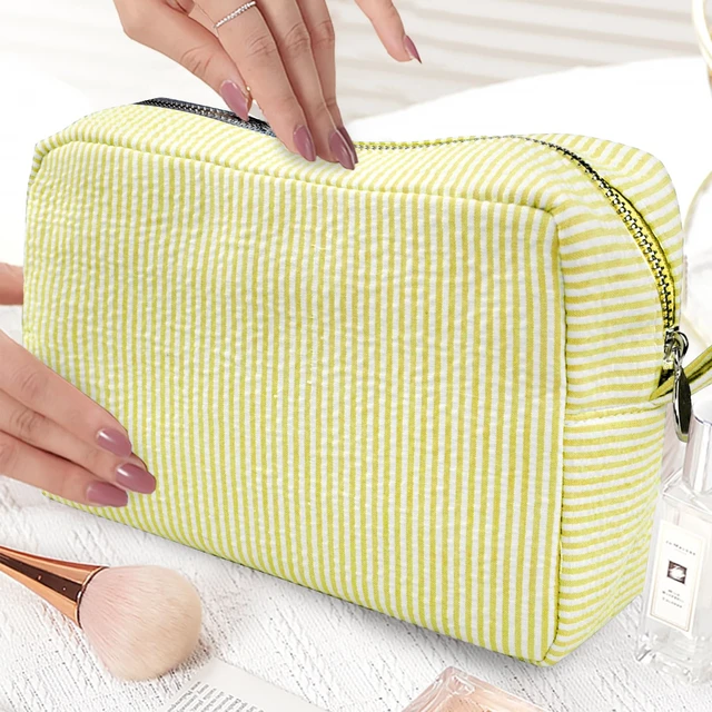 Alt view image 4 of 7 - Cosmetic Bags for Women, Seersucker Cosmetic Bag, Travel Toiletry Stripe Makeup Bag, Large Women Aesthetic Organizer Storage Pouch, Girls Handbags Purses, Yellow