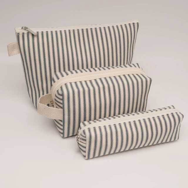Alt view image 7 of 7 - 3 Pcs Canvas Makeup Bag Set, Travel Toiletry Bag, Blue Pinstripes | Makeup Pouch Set for Women in Three Sizes: Separate Cosmetics, Toiletries, Brushes and Pencils for Travel and Daily Use.