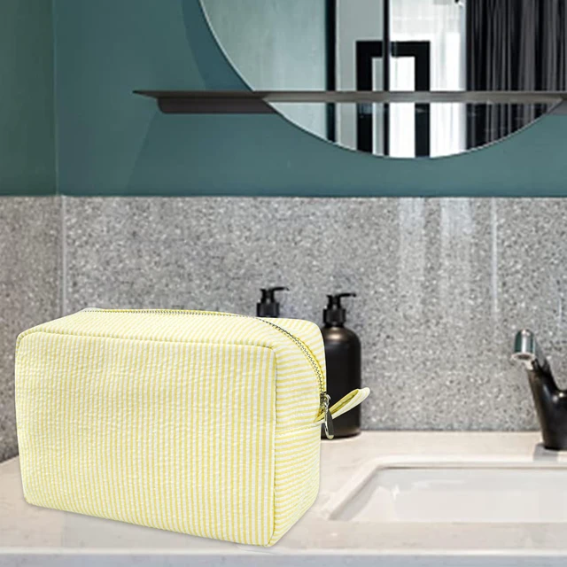 Alt view image 6 of 7 - Cosmetic Bags for Women, Seersucker Cosmetic Bag, Travel Toiletry Stripe Makeup Bag, Large Women Aesthetic Organizer Storage Pouch, Girls Handbags Purses, Yellow