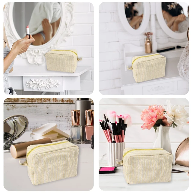Alt view image 7 of 7 - Cosmetic Bags for Women, Seersucker Cosmetic Bag, Travel Toiletry Stripe Makeup Bag, Large Women Aesthetic Organizer Storage Pouch, Girls Handbags Purses, Yellow