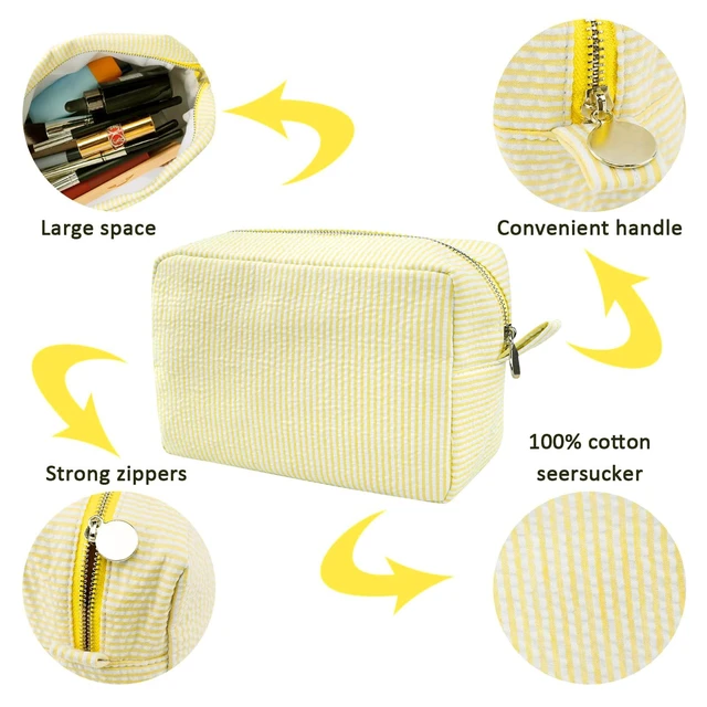 Alt view image 3 of 7 - Cosmetic Bags for Women, Seersucker Cosmetic Bag, Travel Toiletry Stripe Makeup Bag, Large Women Aesthetic Organizer Storage Pouch, Girls Handbags Purses, Yellow
