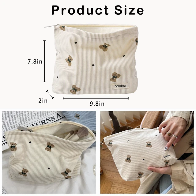 Alt view image 2 of 6 - Cute Small Soft Corduroy Zipper Makeup Bag for Purse03Beige | Coquette Aesthetic Pouch with Bear Pattern for Women Girls, Kawaii Travel Cosmetic Bags