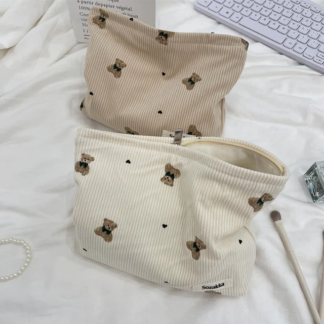 Alt view image 5 of 6 - Cute Small Soft Corduroy Zipper Makeup Bag for Purse03Beige | Coquette Aesthetic Pouch with Bear Pattern for Women Girls, Kawaii Travel Cosmetic Bags