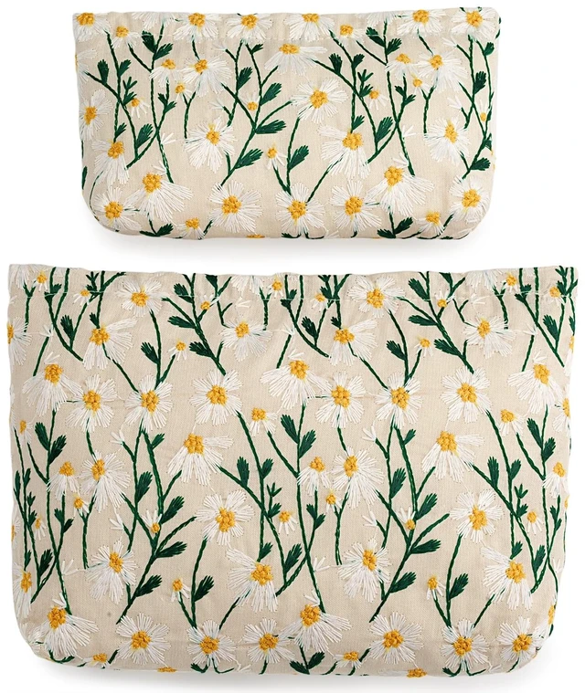 Main image of 2Pcs Floral Embroidery Canvas Makeup Bags, Daisy White | 2Pcs Large & Small SetCanvas cosmetic pouches, fits inside purse, zipper closure for travel & daily storage